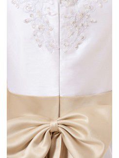 Satin and Lace Jewel Tea-Length A-Line Flower Girl Dress with Bow