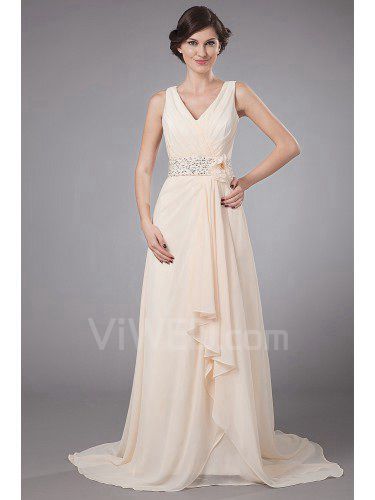 Chiffon scollo a v sweep treno una linea madre del vestito da sposa con paillettes e fiori