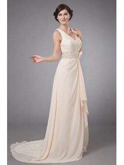 Chiffon V-Neckline Sweep Train A-Line Mother Of The Bride Dress with Sequins and Flower