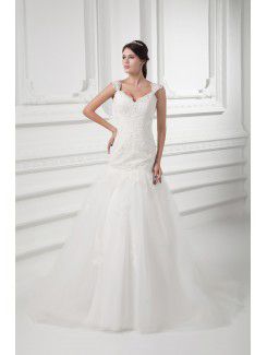 Satin and Net Straps A-line Floor Length Embroidered Wedding Dress