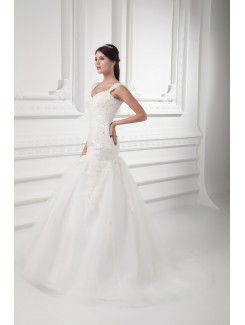 Satin and Net Straps A-line Floor Length Embroidered Wedding Dress