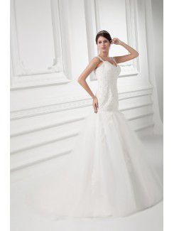 Satin and Net Straps A-line Floor Length Embroidered Wedding Dress