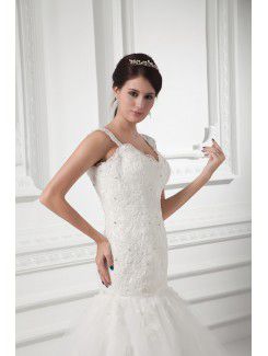 Satin and Net Straps A-line Floor Length Embroidered Wedding Dress