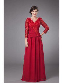 Chiffon V-Neckline Floor Length A-line Mother Of The Bride Dress with Long Sleeves