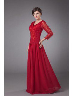 Chiffon V-Neckline Floor Length A-line Mother Of The Bride Dress with Long Sleeves