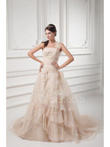 Organza a-ligne bretelles balayage train robe de mariée brodée