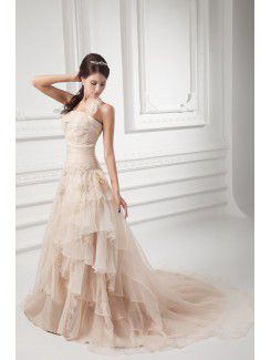 Organza Halter A-line Sweep Train Embroidered Wedding Dress