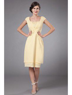 Chiffon Square Mini Column Mother Of The Bride Dress with Ruffle and Cap-Sleeves