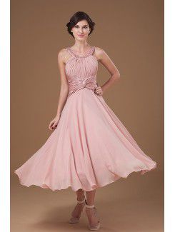 Chiffon Halter Tea-length Column Mother Of The Bride Dress with Sequins and Ruffle