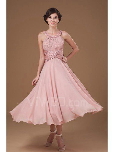 Chiffon Halter Tea-length Column Mother Of The Bride Dress with Sequins and Ruffle