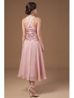 Chiffon Halter Tea-length Column Mother Of The Bride Dress with Sequins and Ruffle