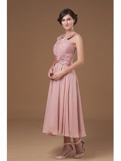 Chiffon Halter Tea-length Column Mother Of The Bride Dress with Sequins and Ruffle