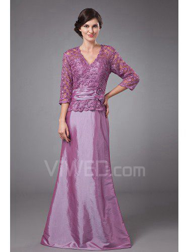 Taffeta and Lace V-Neckline Floor Length A-line Mother Of The Bride Dress with Three-quarter Sleeves