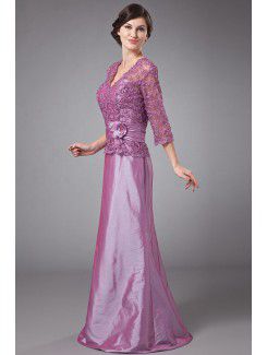 Taffeta and Lace V-Neckline Floor Length A-line Mother Of The Bride Dress with Three-quarter Sleeves