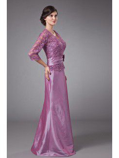 Taffeta and Lace V-Neckline Floor Length A-line Mother Of The Bride Dress with Three-quarter Sleeves