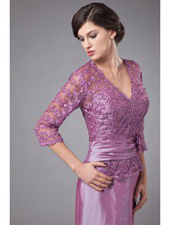 Taffeta and Lace V-Neckline Floor Length A-line Mother Of The Bride Dress with Three-quarter Sleeves