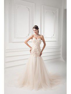 Satin and Net Sweetheart A-line Sweep Train Embroidered Wedding Dress