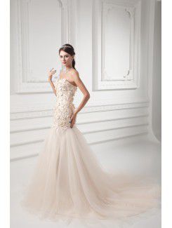 Satin and Net Sweetheart A-line Sweep Train Embroidered Wedding Dress