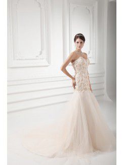 Satin and Net Sweetheart A-line Sweep Train Embroidered Wedding Dress