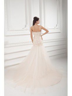 Satin and Net Sweetheart A-line Sweep Train Embroidered Wedding Dress