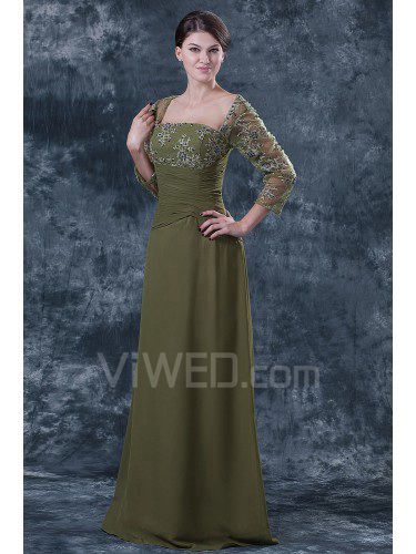 Chiffon and Lace Square Floor Length Column Mother Of The Bride Dress with Three-quarter Sleeves