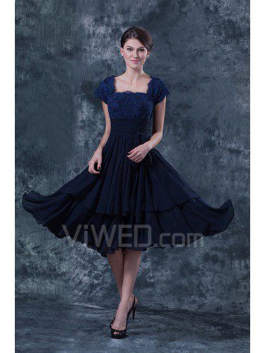 Chiffon and Lace Square Knee-Length A-line Mother Of The Bride Dress with Cap-Sleeves