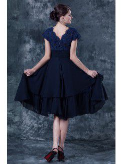 Chiffon and Lace Square Knee-Length A-line Mother Of The Bride Dress with Cap-Sleeves