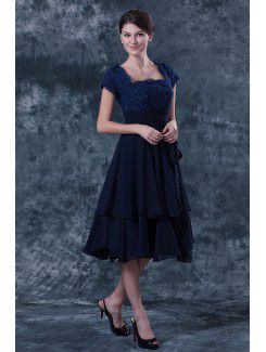 Chiffon and Lace Square Knee-Length A-line Mother Of The Bride Dress with Cap-Sleeves