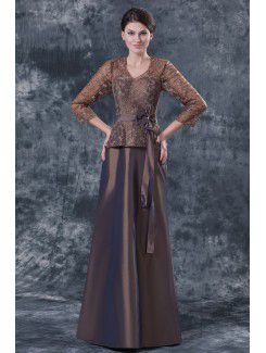 Taffeta and Lace V-Neckline Floor Length A-line Mother Of The Bride Dress with Three-quarter Sleeves