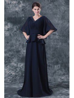 Chiffon decote v varredura trem mãe do vestido de noiva com perolização coluna