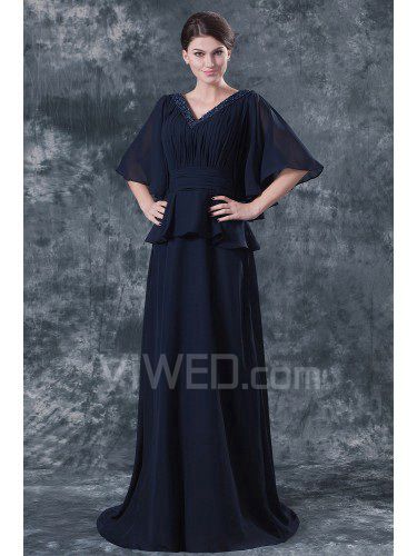 Chiffon v-ausschnitt sweep zug spalte mutter der braut kleid mit perlen