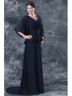 Chiffon V-Neckline Sweep Train Column Mother Of The Bride Dress with Beading