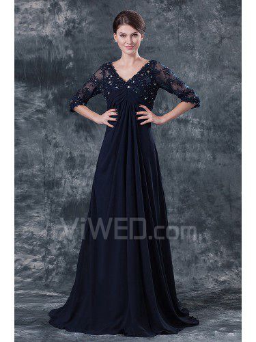 Chiffon scollo a v sweep treno una linea madre del vestito da sposa con maniche a tre quarti