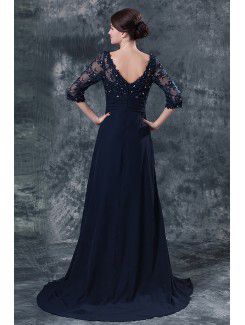 Chiffon V-Neckline Sweep Train A-line Mother Of The Bride Dress with Three quarter Sleeves