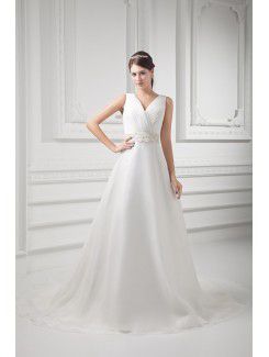 Organza scollo a v una linea di sweep treno abito da sposa ricamato