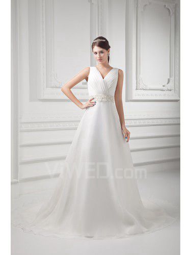 Organza V-Neckline A-line Sweep Train Embroidered Wedding Dress