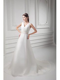 Organza V-Neckline A-line Sweep Train Embroidered Wedding Dress