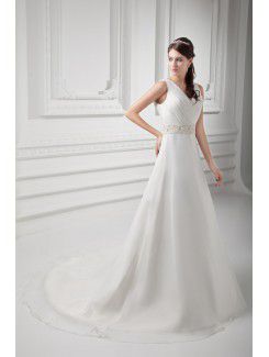 Organza V-Neckline A-line Sweep Train Embroidered Wedding Dress