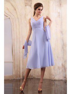 Chiffon V-Neckline Tea-Length Column Mother Of The Bride Dress with Ruffle