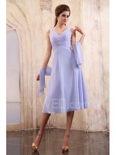 Chiffon scollatura a v da tè lunghezza madre colonna del vestito sposa con volant