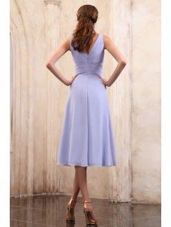 Chiffon V-Neckline Tea-Length Column Mother Of The Bride Dress with Ruffle