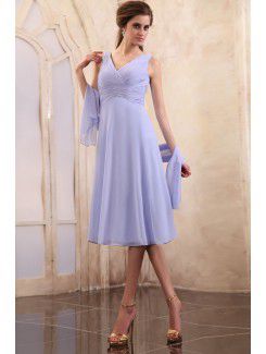 Chiffon V-Neckline Tea-Length Column Mother Of The Bride Dress with Ruffle