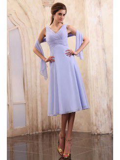 Chiffon V-Neckline Tea-Length Column Mother Of The Bride Dress with Ruffle