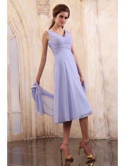 Chiffon V-Neckline Tea-Length Column Mother Of The Bride Dress with Ruffle