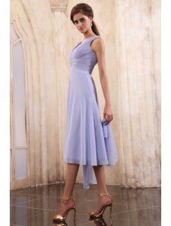 Chiffon V-Neckline Tea-Length Column Mother Of The Bride Dress with Ruffle