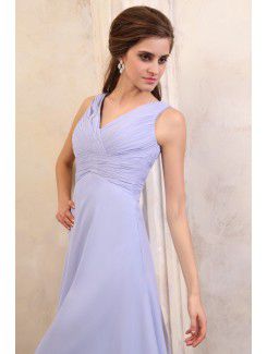 Chiffon V-Neckline Tea-Length Column Mother Of The Bride Dress with Ruffle