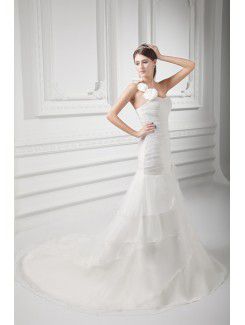 Organza One-Shoulder A-line Sweep Train Hand-made Flowers Wedding Dress