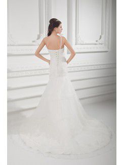 Organza One-Shoulder A-line Sweep Train Hand-made Flowers Wedding Dress