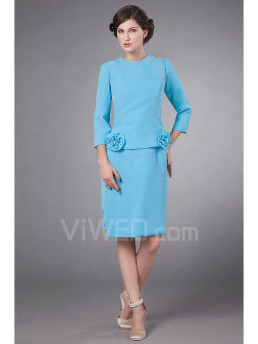 Chiffon Jewel Knee-Length Sheath Mother Of The Bride Dress with Three-quarter Sleeves