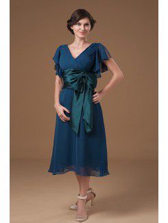 Chiffon V-Neckline Tea-Length Column Mother Of The Bride Dress with Ruffle